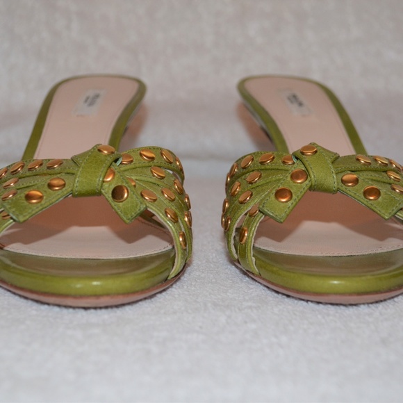 Prada Green Gold Studded Slip On Kitten Heels - Picture 3 of 6